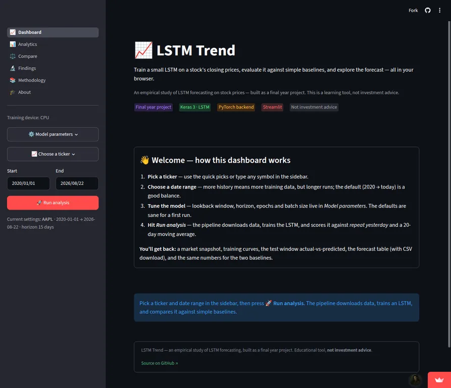 Financial Forecasting with LSTM and Streamlit interface preview
